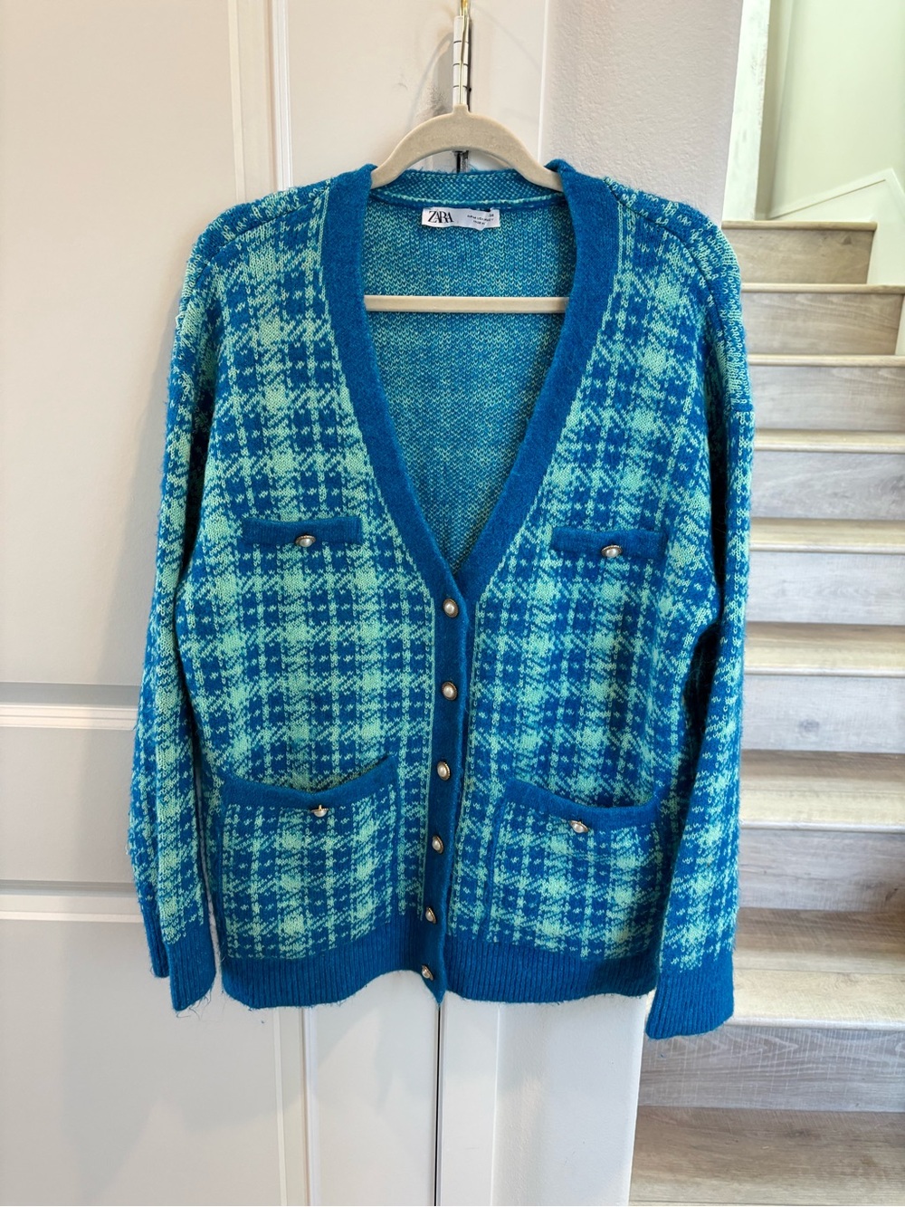 ZARA Turquoise Plaid Oversized Cardigan Sweater - Picture 3 of 12